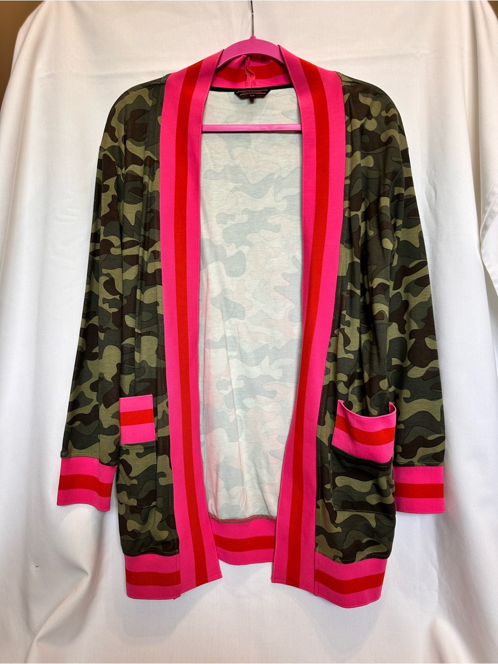 HAUTE SHORE Camo Green Cardigan with Hot Pink Trim